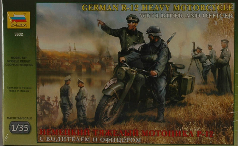 German WWII R-12 Heavy Motorcycle with Rider & Officer Plastic Kit 1:35 Model