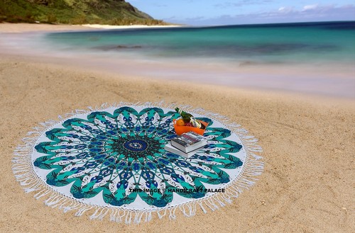 Tapis De Yoga / Jet De Plage Mandala Rond Indien - Diamètre 122 Cm, Coton, Motif Dégradé Vert, Fabriqué En Inde