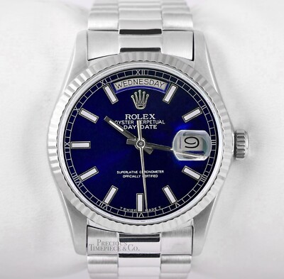 Rolex Mens Day-Date 36mm Presidential 18239 18k White Gold - Blue