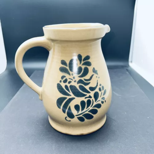 Vintage Pfaltzgraff Folk Art 32 Ounce Pitcher USA Backstamp Tan w/ Blue