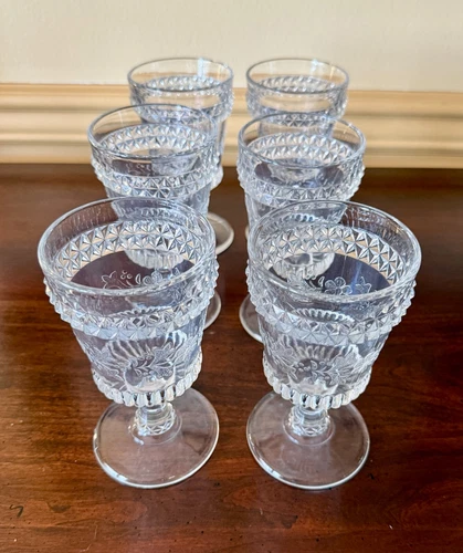 L G Wright Clear WILDFLOWER 6” Water Goblet Glasses Set of 6 Vintage