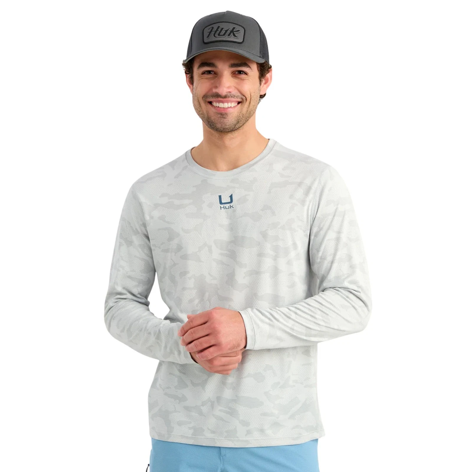 Huk Andros Long Sleeve Crew Men's Tech Shirt, Seagull, X-Large