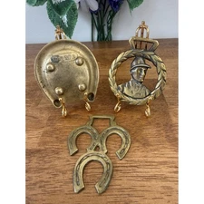 Vintage Brass Horseshoe & Equestrian Wall Plaques Trio MCM Rustic Horse Decor