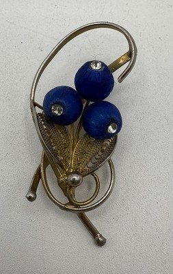 Unique Vintage 1950's Goldtone 2.5'' Metal Royal Blue Satin Balls Floral Brooch