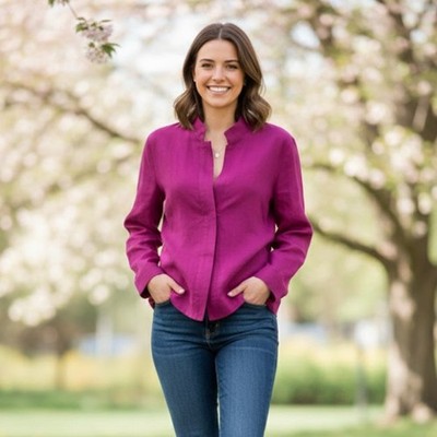 Vintage 90s 100% Linen Button Up Jacket Magenta Purple Womens 14 Quiet Luxury