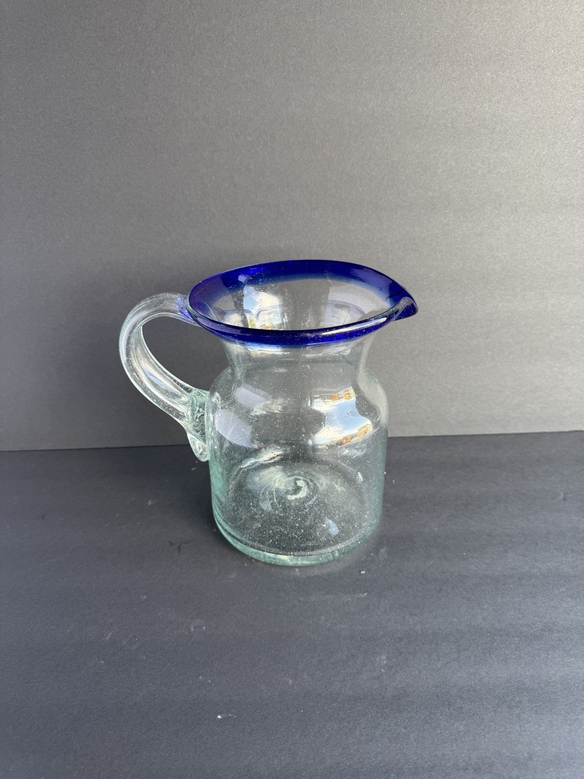 MEXICAN MARGARITA SET Hand-Blown Glass Cobalt Blue Rims. Pitcher/4 Glasses VGC