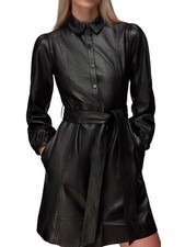 Leather Dress Women Lambskin Cutout Pleated Skater Party Mini Clubwear Black 5