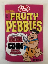 RARE Vintage Fruity Pebbles Cereal Empty Box Flinstones Dinosaur Coins