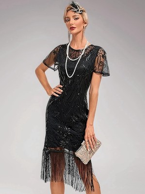 Damen Kleid Paletten 20er Stil Great Gatsby Kostüm Runder Ausschnitt Schwarz XL