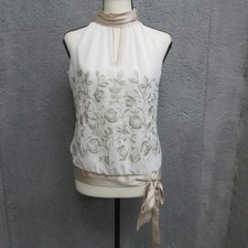 White House Black Market Blouse Womens XS White Embroidered Halter Belted Top