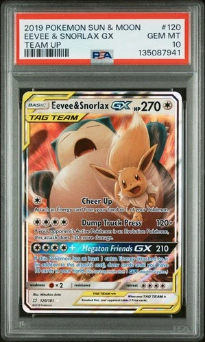 2019 POKEMON SUN & MOON TEAM UP #120 EEVEE & SNORLAX GX PSA 10