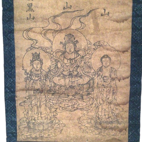 Antique Edo Buddhist Scroll Kannon 19th C Japanese Guanyin Woodblock Print 27 in