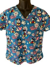 Disney Scrub Top Women's Medium Blue Mickey Mouse Flowers V-Neck SS
