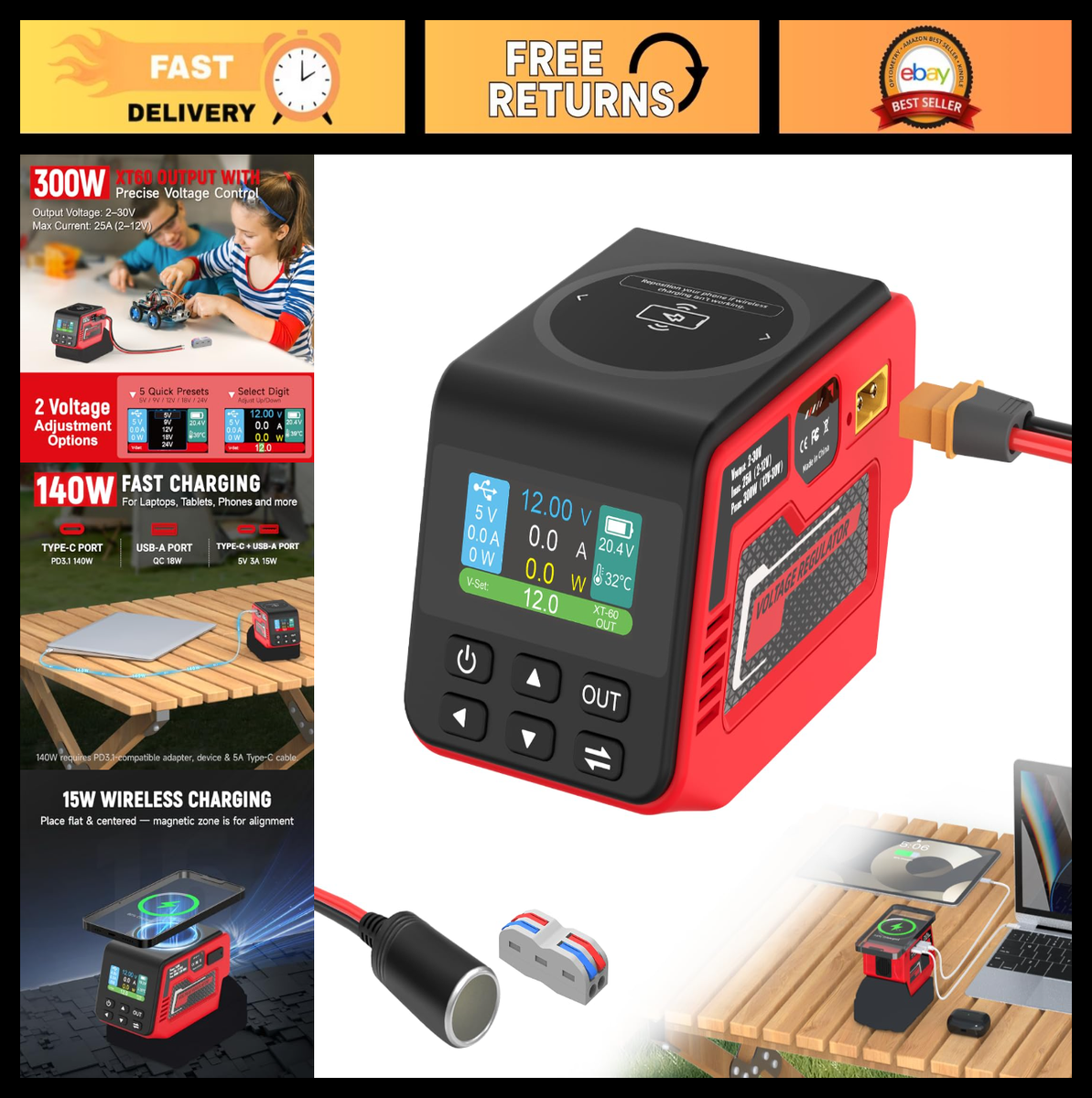300W Adjustable DC Voltage Regulator 2-30V, USB-A, Type-C, Wireless  Charger, LCD