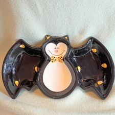 Ceramic Smiling Black Bat Shaped Halloween Candy Dish Bowl Serving Tray