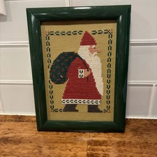 Vintage 1980s Needlepoint Cross Stitch Santa With Toys In Green Frame 