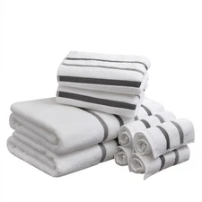 Cotton 8 Piece Bath Towel Set Striped Ultra Soft Hotel Quality Quick Dry Abso...