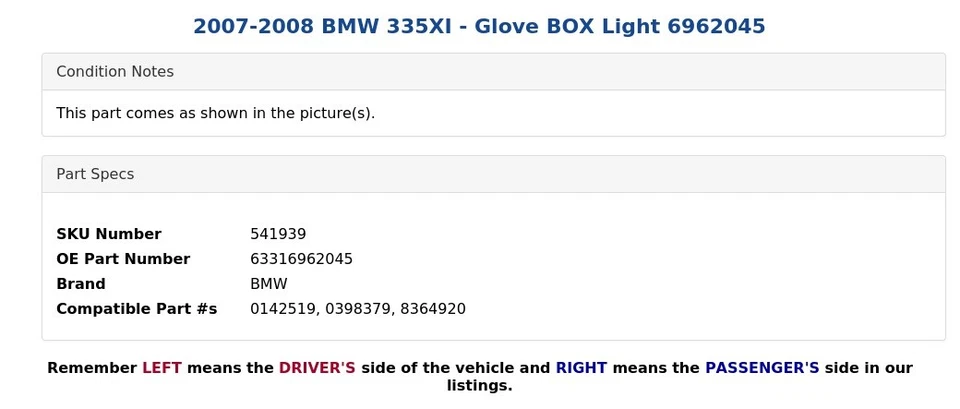 BMW 335XI 2007-2008 - Guantera Luz 6962045 Foto 4 de 4