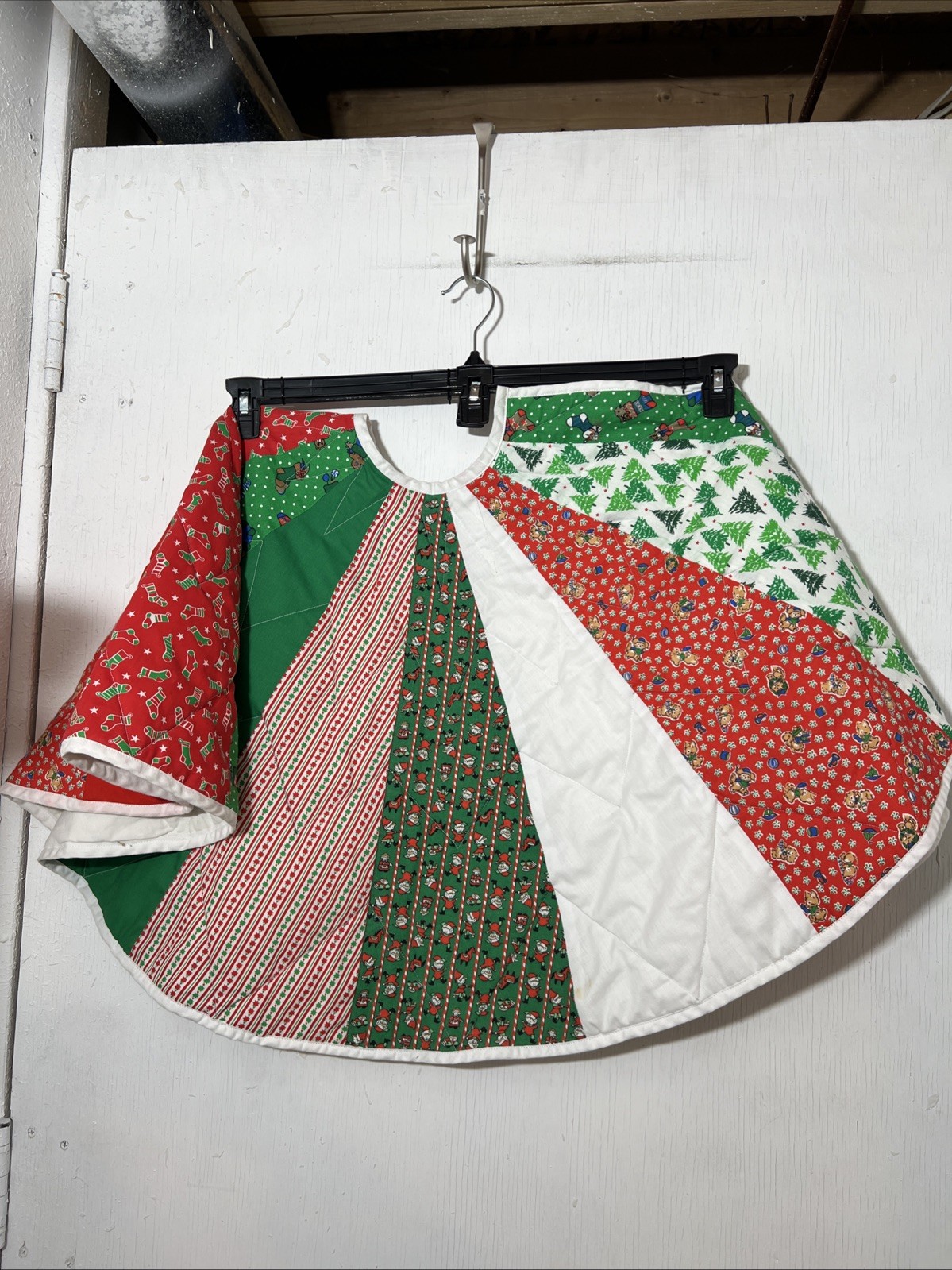 Vintage Christmas Quilted Patched Tree Skirt, Handmade, 46” Round. Lace Lovely.