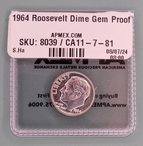 1964 Roosevelt Silver Dime Proof BU. 90% Silver.
