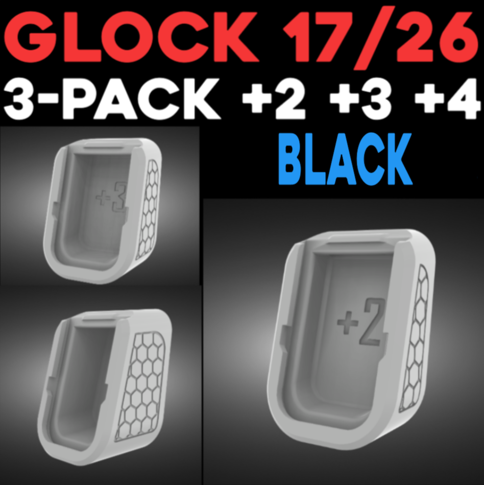 3-Pack Glock Mag Extension / OEM Glocks 17/19/26 mags +2 +3 +4 / FACTORY SPRING