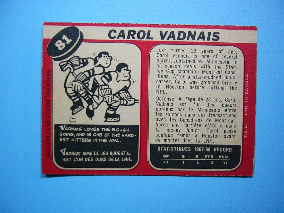 1968/69 O-PEE-CHEE HOCKEY CARD #81 CAROL VADNAIS ROOKIE RC EXNM NM TR SHARP+ OPC - Image 2 of 2