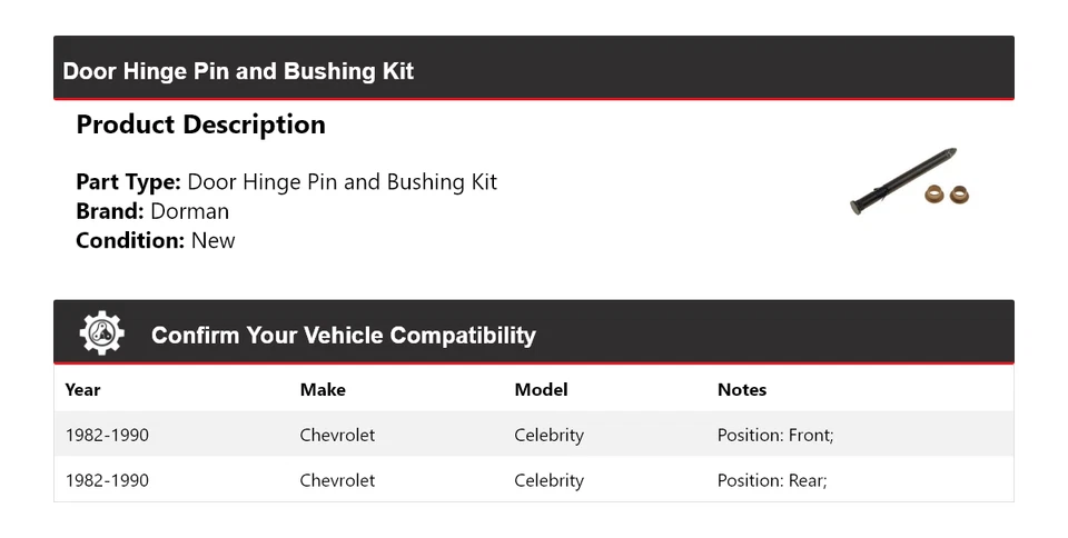 For 1982-1990 Chevrolet Celebrity Dorman Door Hinge Pin and Bushing Kit 1983 - Image 2 of 4
