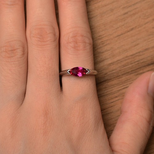 925 Sterling Silver Pink Ruby Ring Lab Created Marquise Gemstone Women Ring - Picture 2 of 5