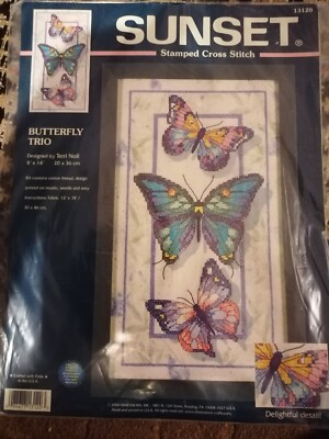 Dimensions Sunset Stamped Cross Stitch Kit 13120 Terri Noll Butterfly Trio - NEU