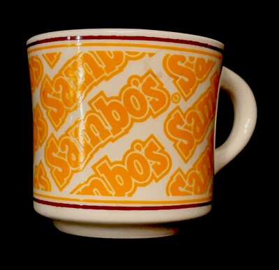 Vintage Sambo s Diner Restaurant Coffee Mug Orange Outline Print Logo Collectors