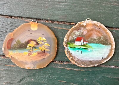 Agate Two Hand painted By Artist Lu Agate Type Polished Rock Slice Vintage