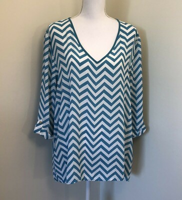 Kiara Women's Pullover Top, XXL, Blue & White Chevron Semi Sheer Hi-Lo Hem
