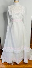 VTG 70s ROMANTIC VICTORIAN BOHO WHITE COTTON LACE WEDDING DRESS COTTAGECORE XS/S