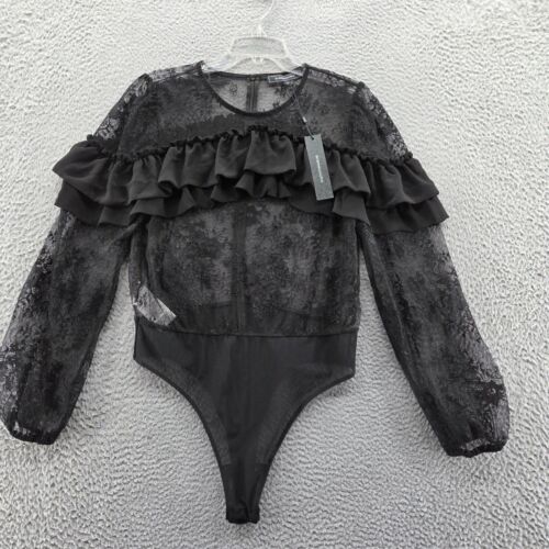 NWT BCBG Maxazria Womens Lace Body Suit Large Black Beauty Ruffle Long Sleeve