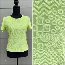 vtg La Fete 90s Psychedelic Geometric Fuzzy Textured Lime Green Short Sleeve Top
