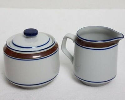 Salem Stoneware Vintage ''Georgetown'' Brown & Blue Bands Sugar Bowl w/Lid/Creamer