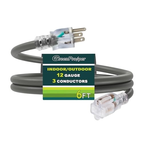 Extension Cord with Lighted End, 12 AWG 3 Prong Indoor Outdoor Heavy 6 FT Grey-image