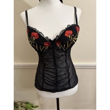 Vintage Felina Lingerie 36C RED Flower Embroidered Corset Mesh Bustier Top L