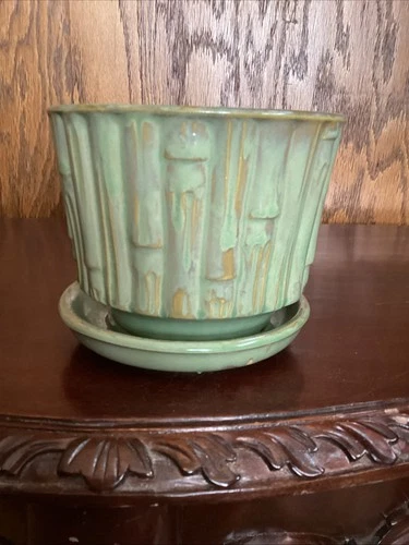Vintage McCoy 0373 Planter Flower Pot Pottery Green Bamboo w/ Saucer Mid Century