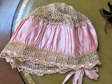 Antique Edwardian Pink Silk and Crochet Hand Made Nightcap/Hair bonnet