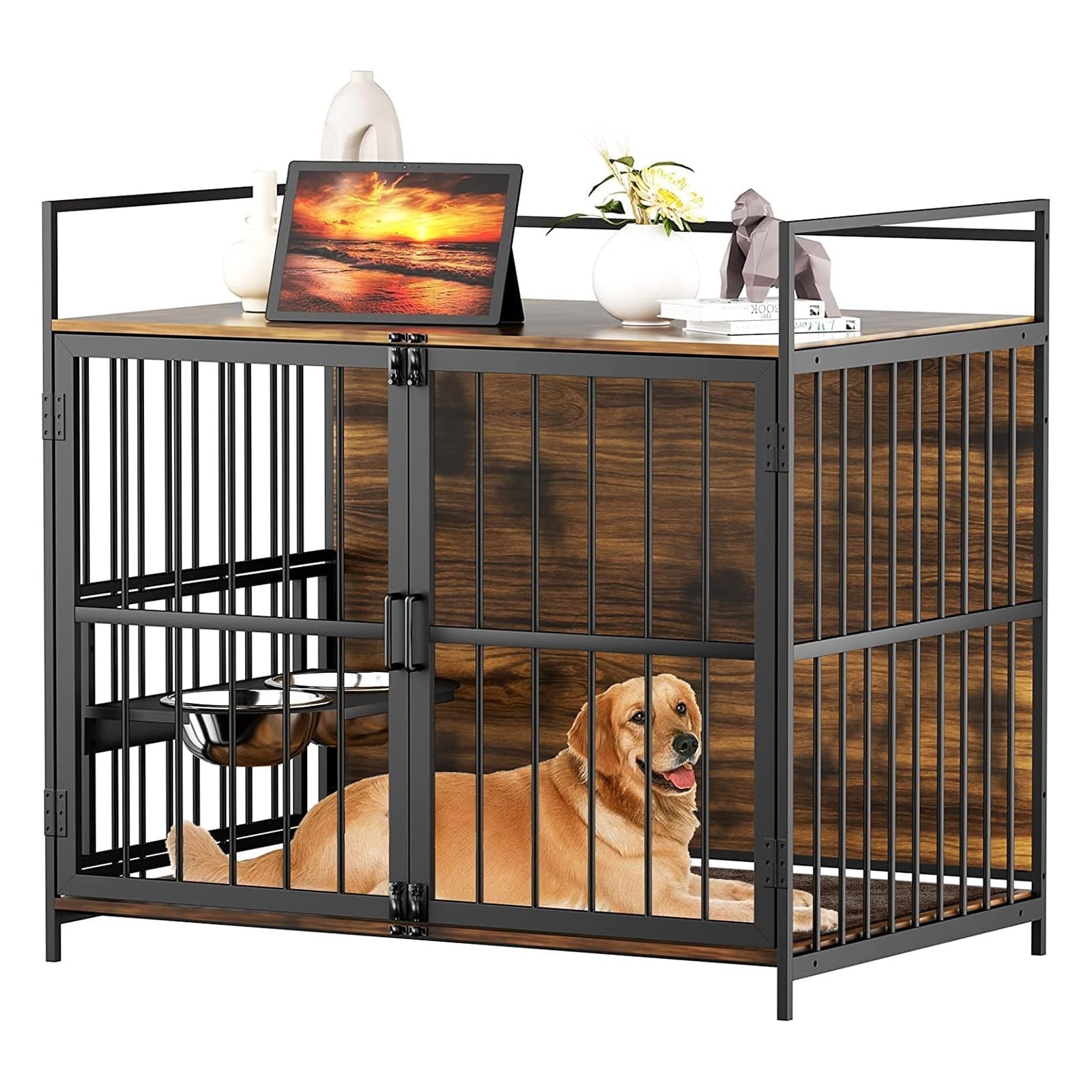 ROOMTEC Furniture Style Large Dog Crate with 360° & Adjustable Raised Feede