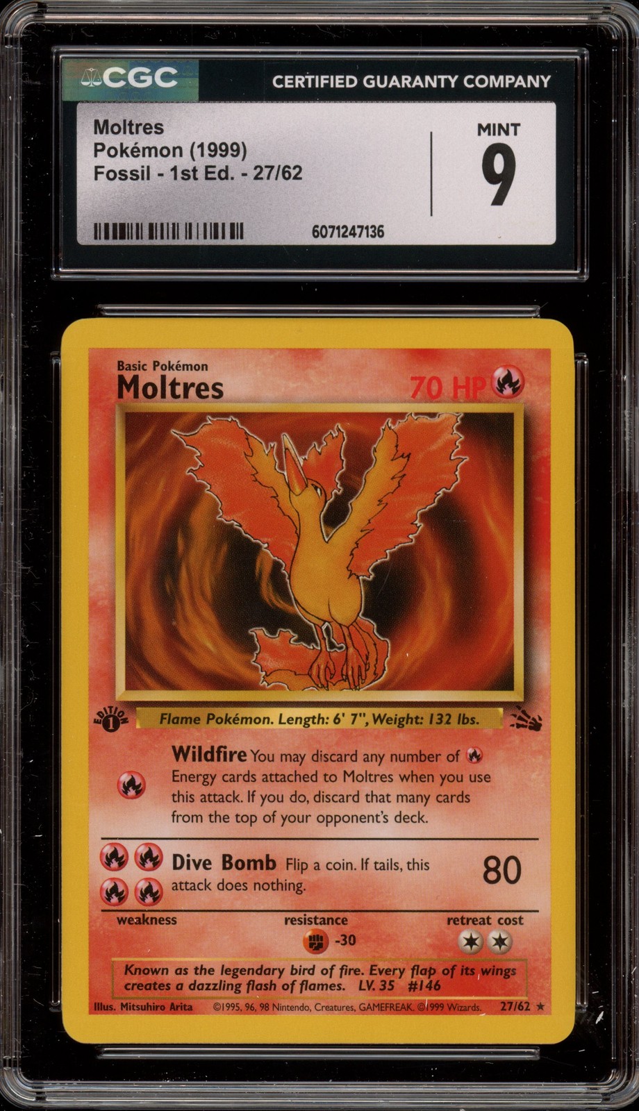Pokemon Moltres Fossil 1st Edition NON Holo Rare #27 CGC 9 Mint