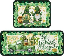 St Patricks Day Kitchen Rugs Set of 2, Non-Skid Washable Gnome Shamrock Clover F