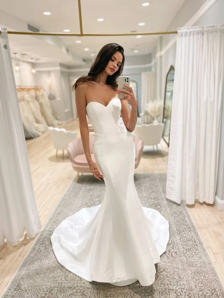 Mermaid Wedding Dresses Sweetheart Satin White Ivory Sweep Train Bridal Gown - Image 2 of 4
