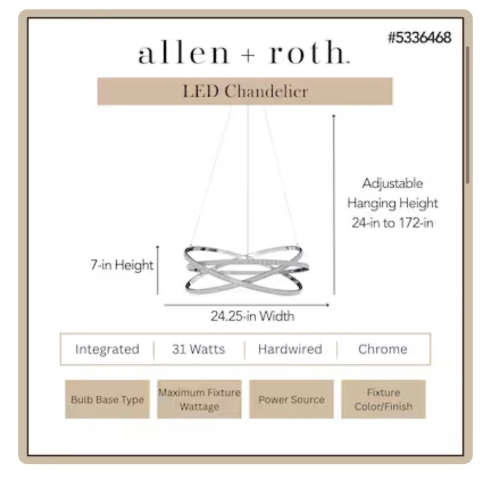 allen + roth Lucia 1 -Light Gloss Steel Glam Integrated LED Crystal Chandelier - Image 3 of 4