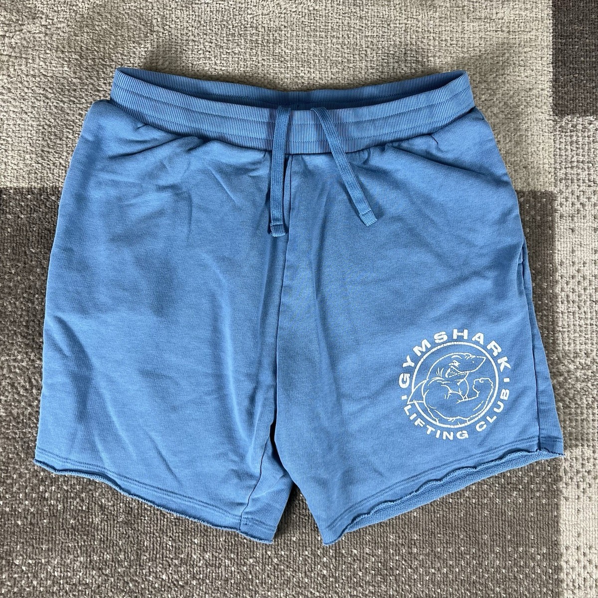 Gymshark Legacy Shorts Mens Medium Blue Drawstring Buff Shark Graphic  Athleisure