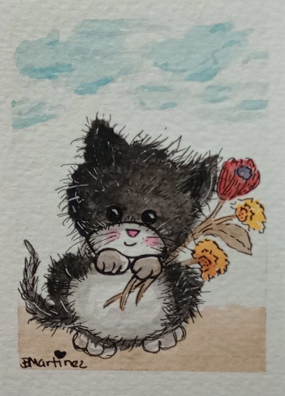 aceo original painting Cat With Flowers “Kitty Love”