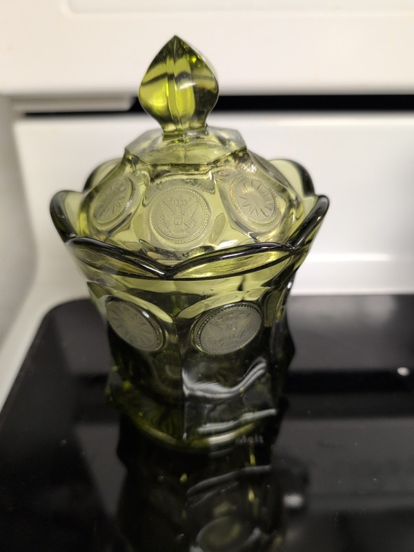 Vintage MCM Collectible Fostoria Coin Eagle Torch Olive Green Lidded Candy Jar 