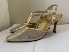 VINTAGE Gold Sparkling Glitter ThePM Collection 925 T Strap Heels Shoe Pumps 9.5