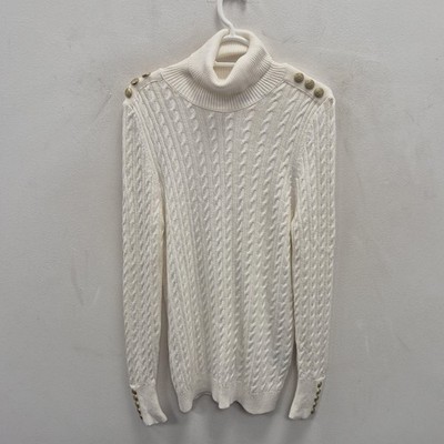 Holland Cooper Pullover Pulli Damen klein weiß Zopfmuster Rollkragen Knopf